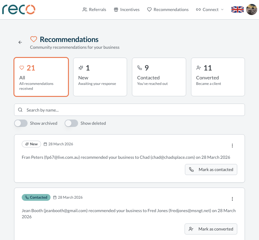 Panel de recomendaciones