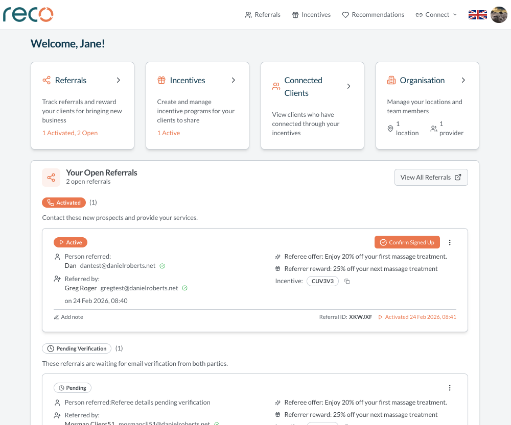 Voorbeeld van het aanbiedersdashboard